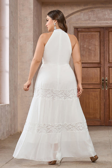 Vestido de fiesta largo de encaje halter blanco de línea A